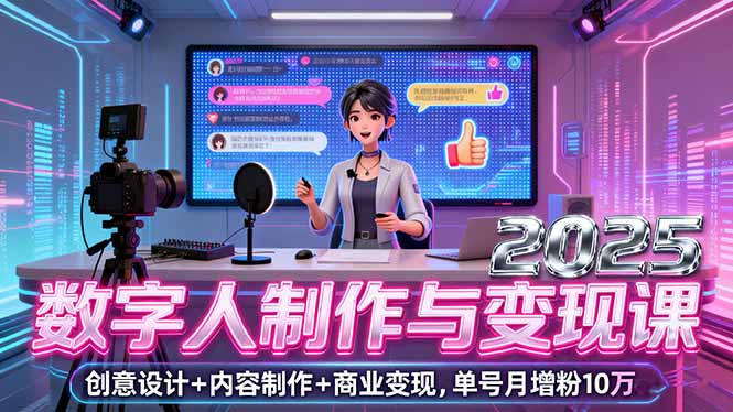 2025数字人制作与变现课，创意设计+内容制作+商业变现，单号月增粉10万+