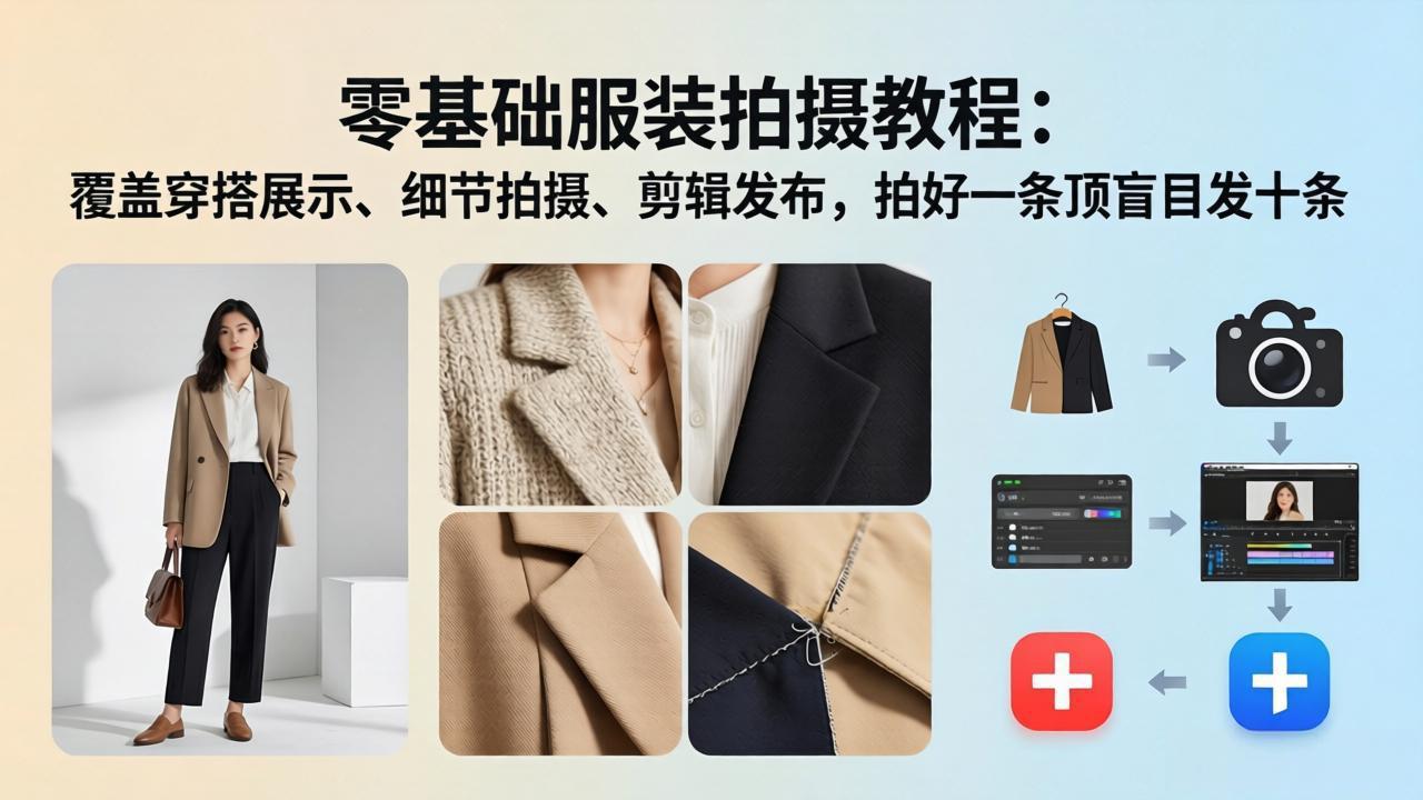 零基础服装拍摄教程：覆盖穿搭展示、细节拍摄、剪辑发布，拍好一条顶盲目发十条