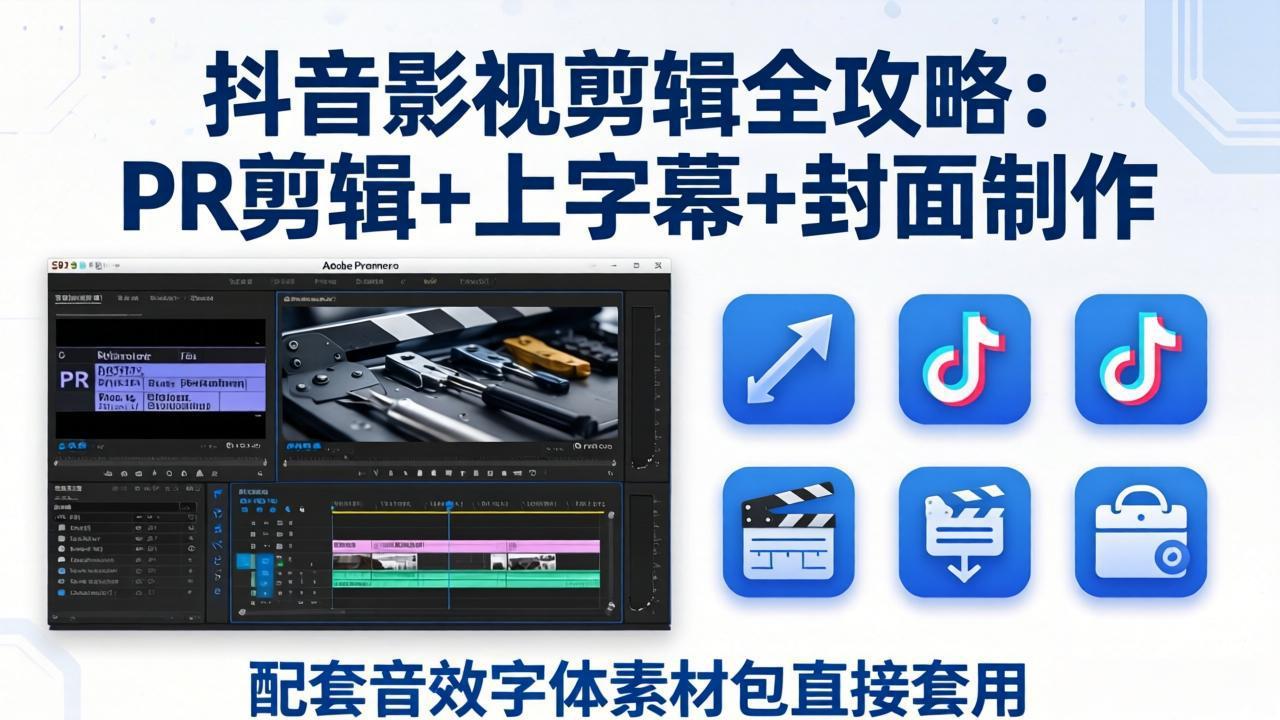 抖音影视剪辑全攻略：PR剪辑+上字幕+封面制作，配套音效字体素材包直接套用