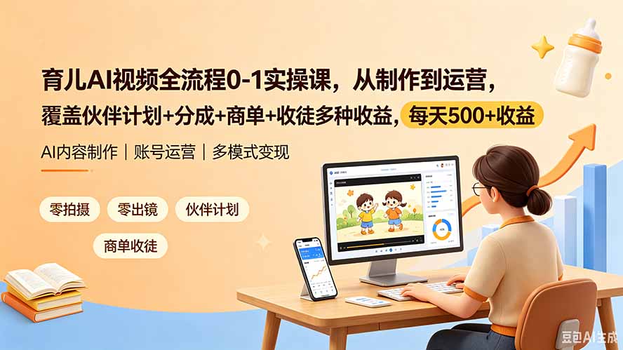 育儿AI视频全流程0-1实操课，从制作到运营，覆盖伙伴计划+分成+商单+收徒多种收益