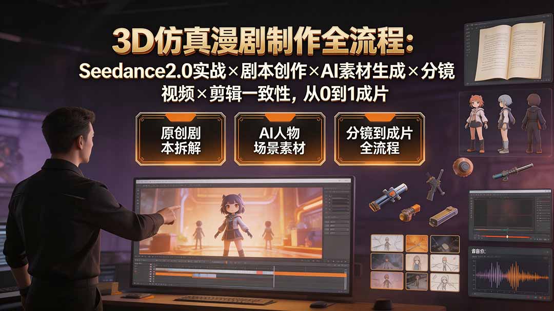 3D仿真漫剧制作全流程：Seedance2.0实战×剧本创作×AI素材生成×分镜视频×剪辑一致性，从0到1成片