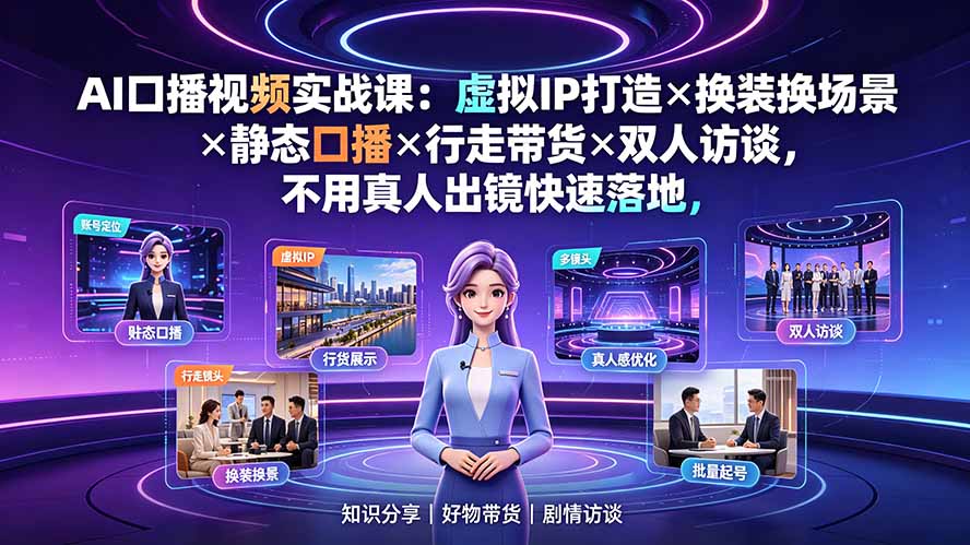 AI口播视频实战课：虚拟IP打造×换装换场景×静态口播×行走带货×双人访谈，不用真人出镜快速落地