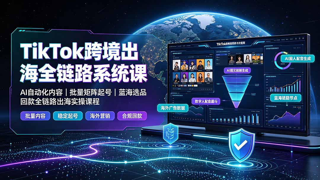 TikTok跨境出海全链路系统课：AI自动化内容｜批量矩阵起号｜蓝海选品回款全链路出海实操课程
