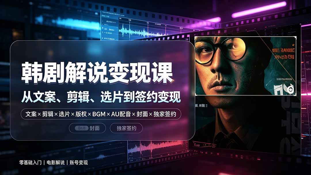 抖音270W粉丝博主亲授韩剧解说课：文案×剪辑×选片×版权×BGM×AU配音×封面×独家签约，零基础到变现