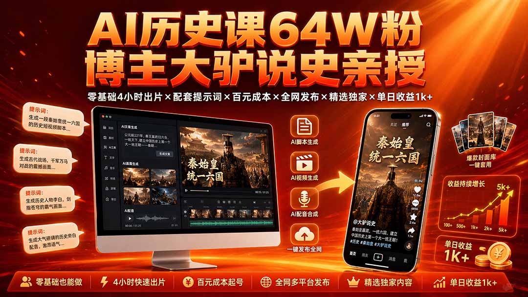 AI历史课64W粉博主大驴说史亲授：零基础4小时出片×配套提示词×百元成本×全网发布×精选独家